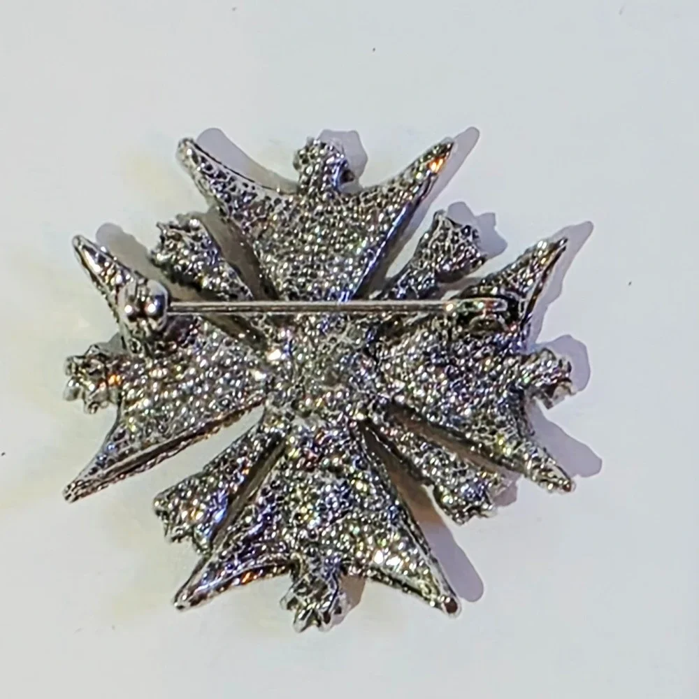 Silver Tone With Clear And Amber Colored Rhinestones Maltese Cross Brooch Pin